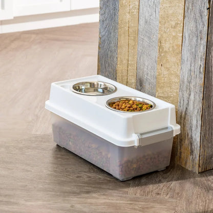 Pet dry food storage device with 2 separate feeding bowls. Sealed storage to prevent dry grain from spoiling and moisture-proof