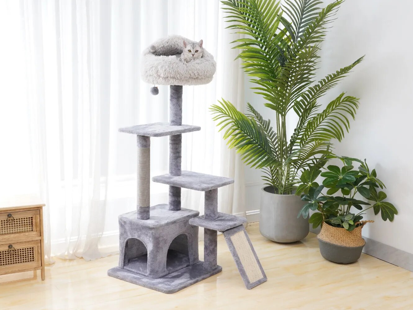 4-Level Grey Cat Tree with Condo and Scratching Pad