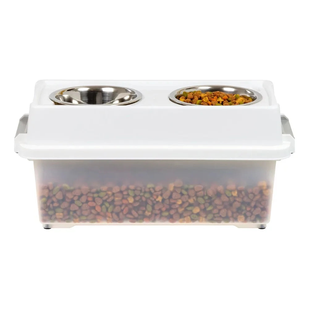 Pet dry food storage device with 2 separate feeding bowls. Sealed storage to prevent dry grain from spoiling and moisture-proof