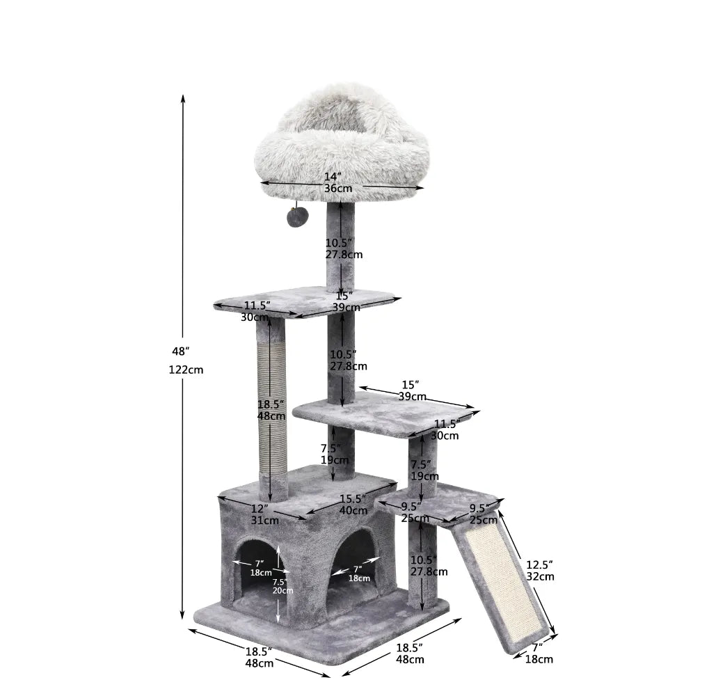 4-Level Grey Cat Tree with Condo and Scratching Pad