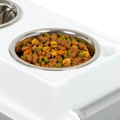 Pet dry food storage device with 2 separate feeding bowls. Sealed storage to prevent dry grain from spoiling and moisture-proof