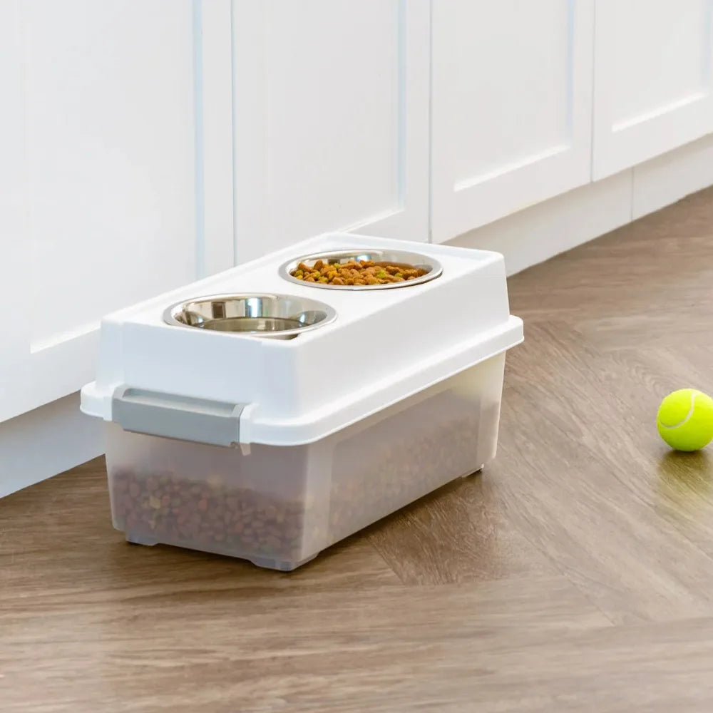 Pet dry food storage device with 2 separate feeding bowls. Sealed storage to prevent dry grain from spoiling and moisture-proof