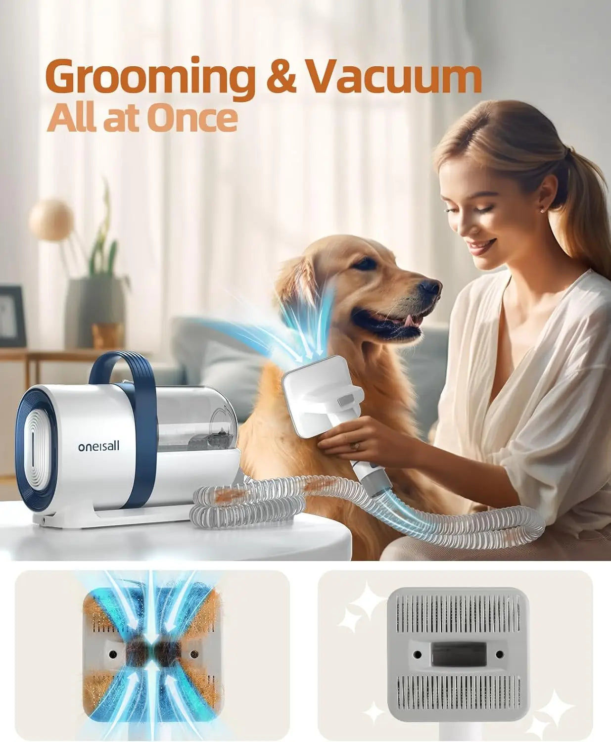 oneisall Dog Hair Vacuum & Dog Grooming Kit, Pet Grooming Vacuum with Pet Clipper Nail Grinder, 1.5L Dust Cup Dog Brush